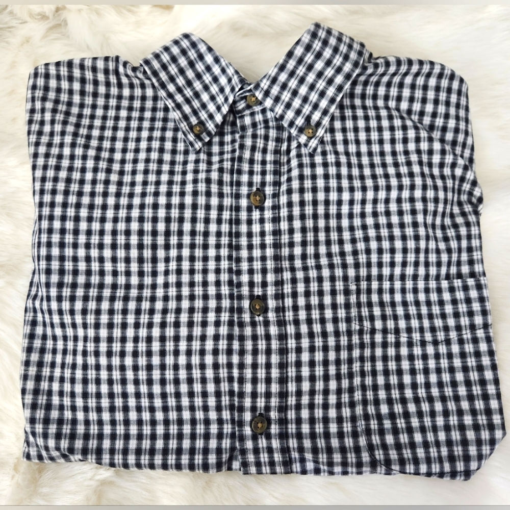 HB Harbor Bay 1XL Black Plaid Short Sleeve Button Down DXL EUC